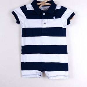 Ralph Lauren Polo Romper Kids 3M Navy Blue White Striped Short Sleeve Pony Logo